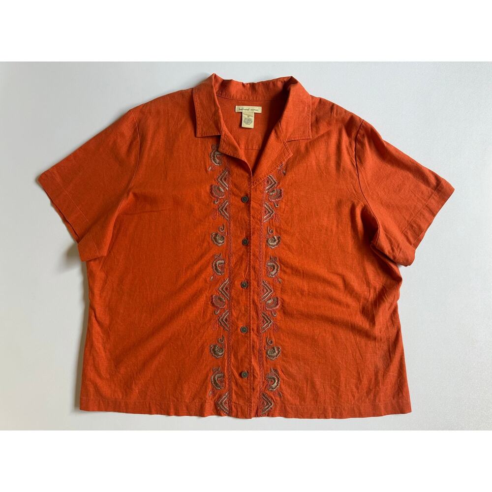 Bechamel Women's Deep Rust Vintage Embroidery  Button Down Shirt Plus Size 2X